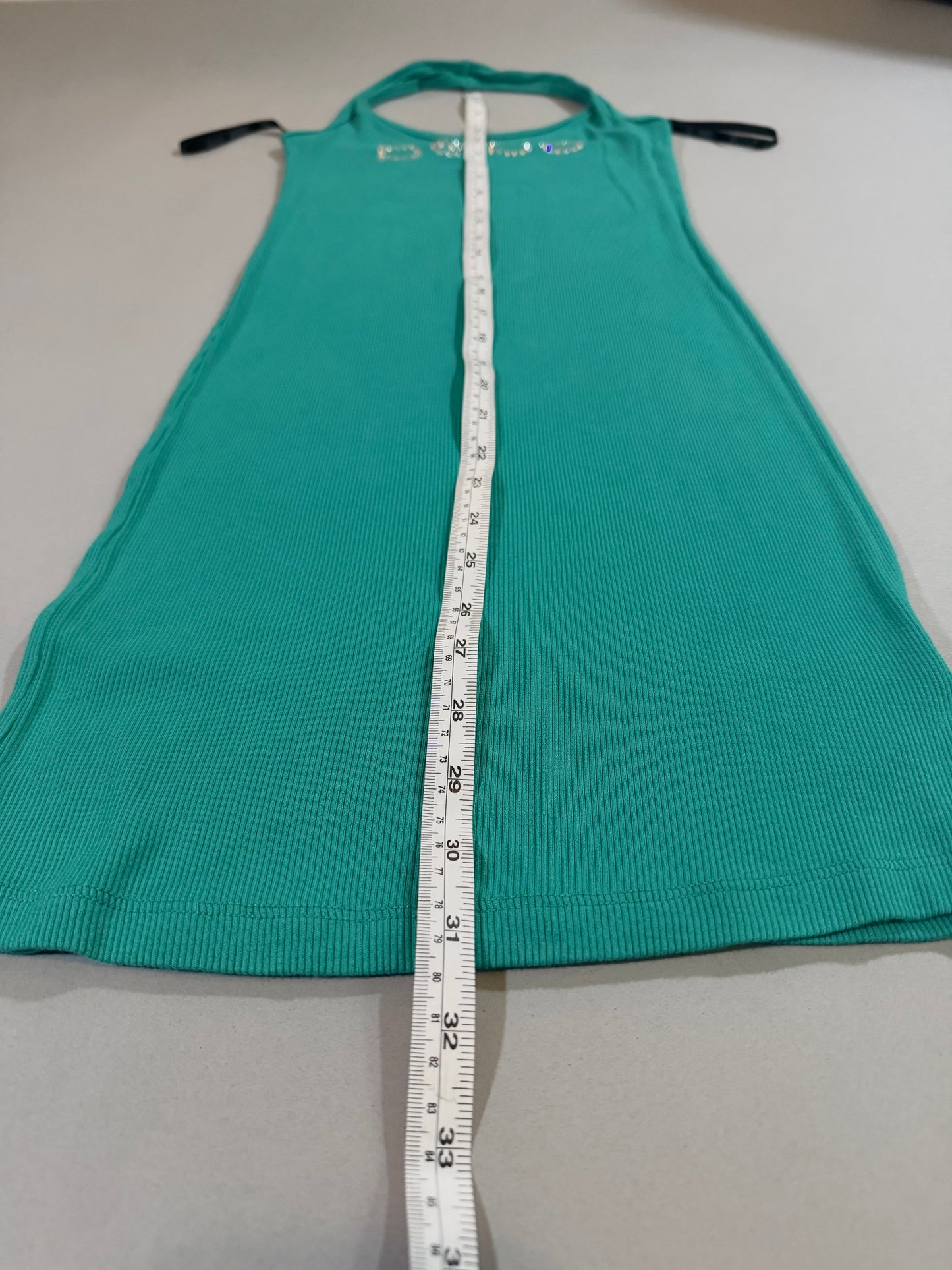 Length measurement of the Y2K Bebe ribbed bodycon halter dress.