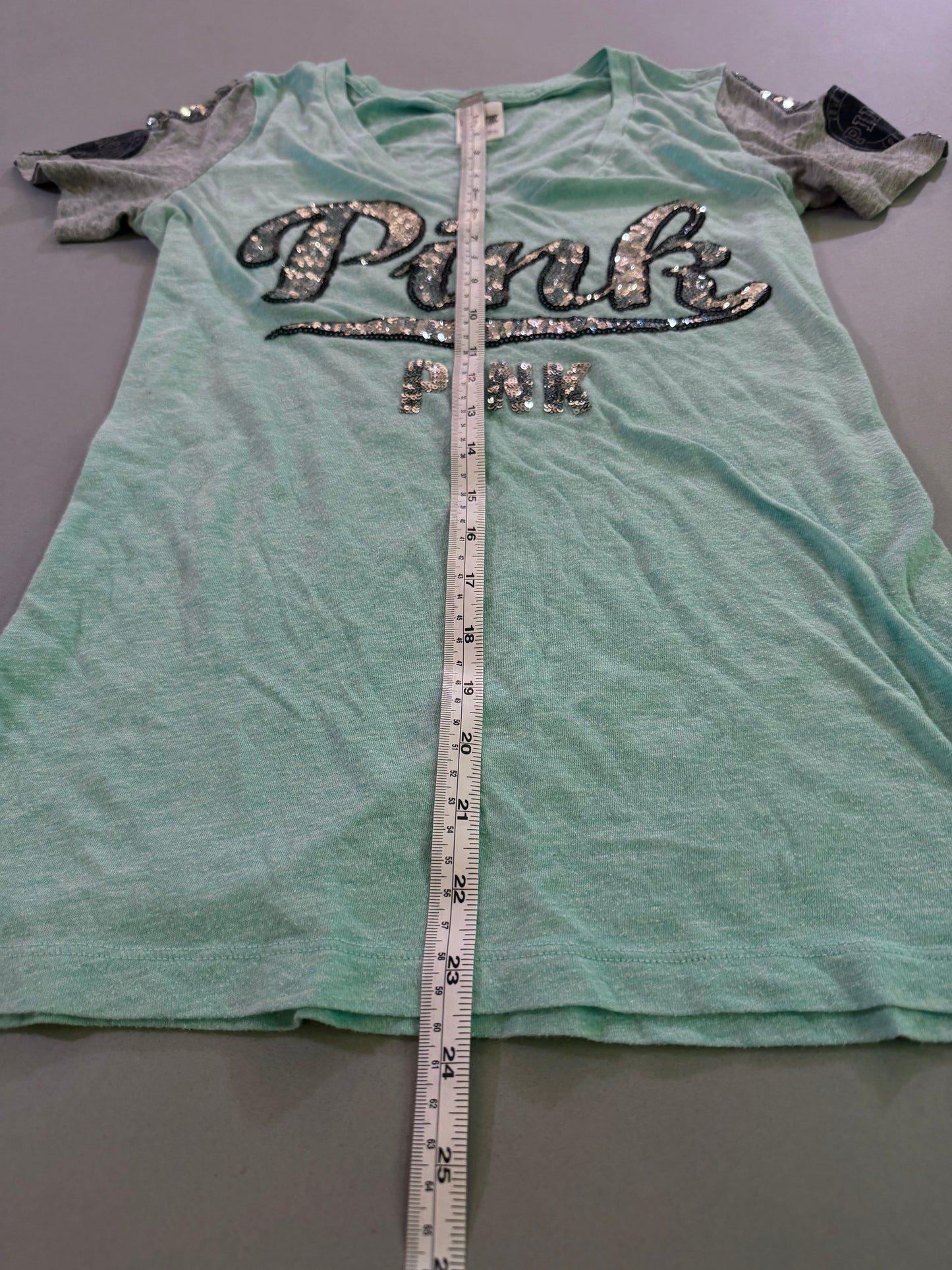 Y2k PINK aqua blue green sequin logo V-neck shirt displayed with full length measurement.