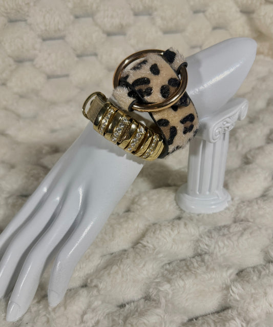 Mob Wife Bracelet Pair - Leopard and Gold w/Slider Charms & Rhinestones