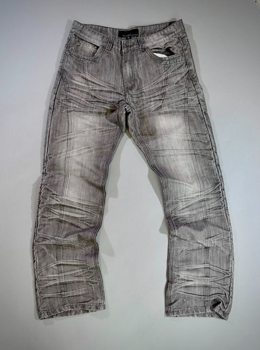Front view of mid-2000s F.U.S.A.I. grey wash men’s jeans with heavy whiskering and moto seam detailing.