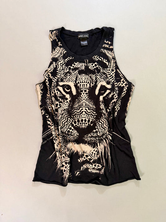 Front view of an early 2010s Wet Seal black sleeveless tank top with oversized lion graphic.