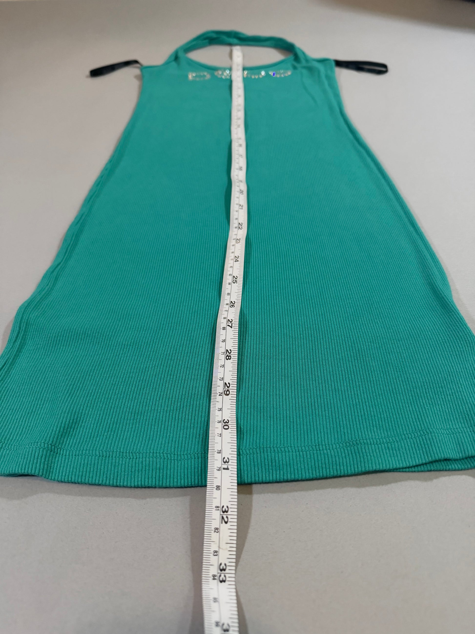 Length measurement of the Y2K Bebe ribbed bodycon halter dress.