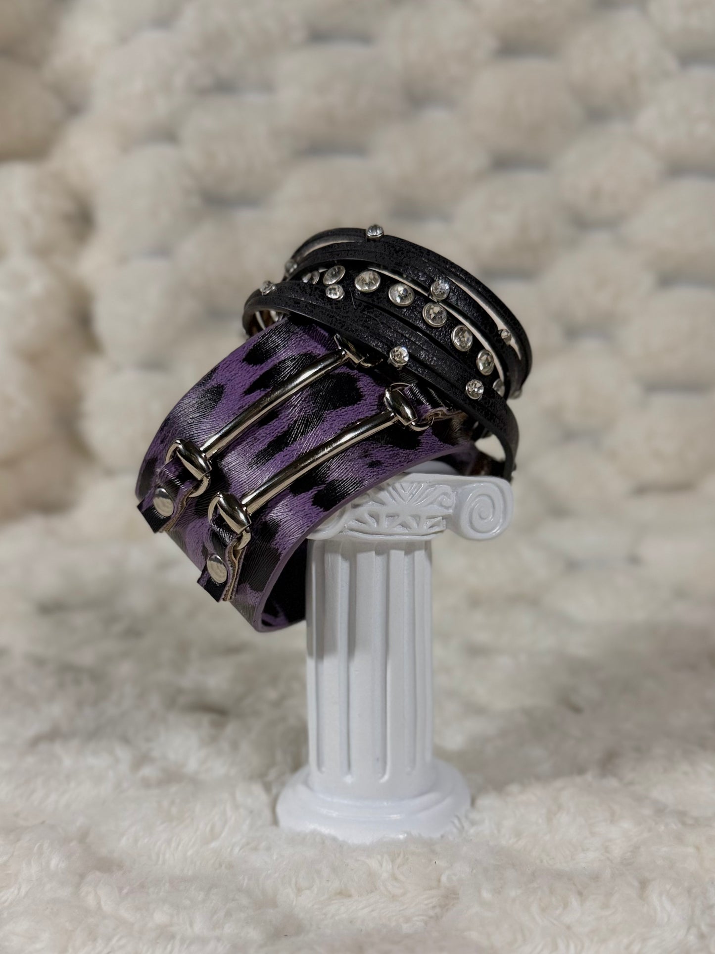 Mall Goth Bracelet Pair - Black/Purple Leopard & Rhinestone Studded Wrap