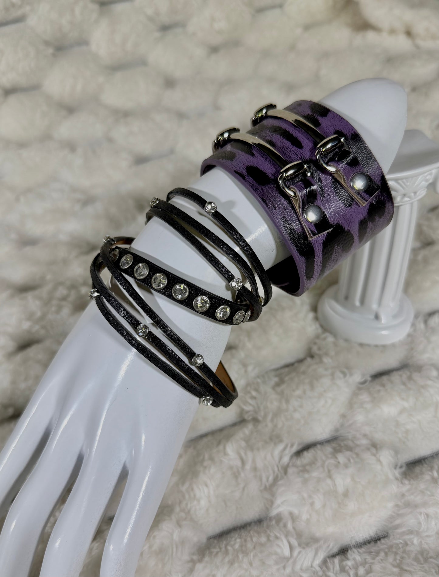 Mall Goth Bracelet Pair - Black/Purple Leopard & Rhinestone Studded Wrap