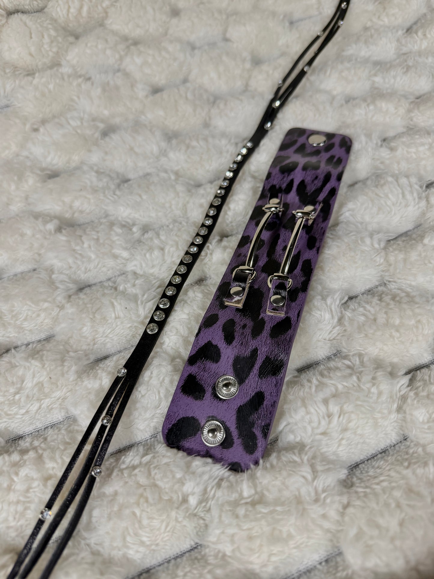 Mall Goth Bracelet Pair - Black/Purple Leopard & Rhinestone Studded Wrap