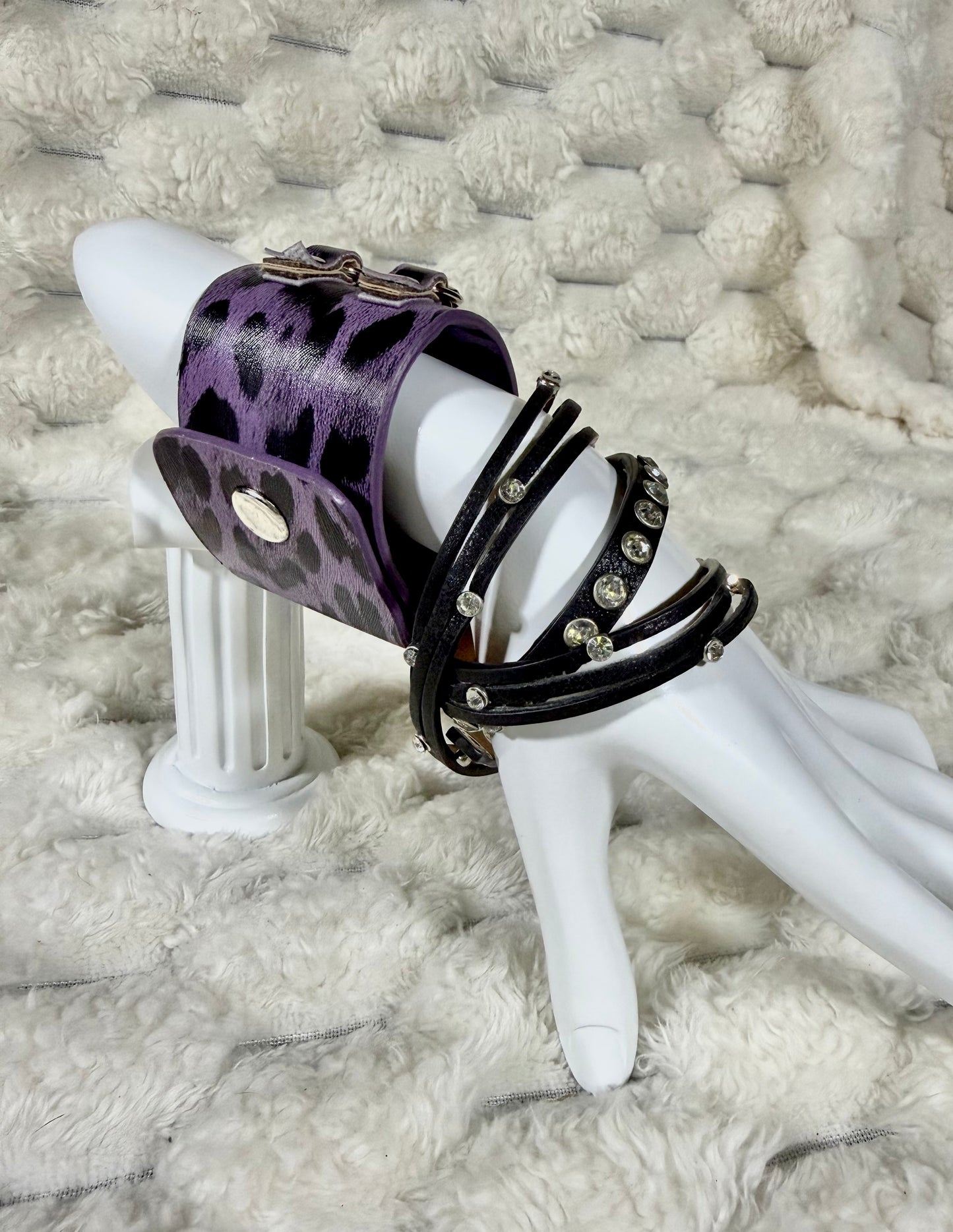 Mall Goth Bracelet Pair - Black/Purple Leopard & Rhinestone Studded Wrap