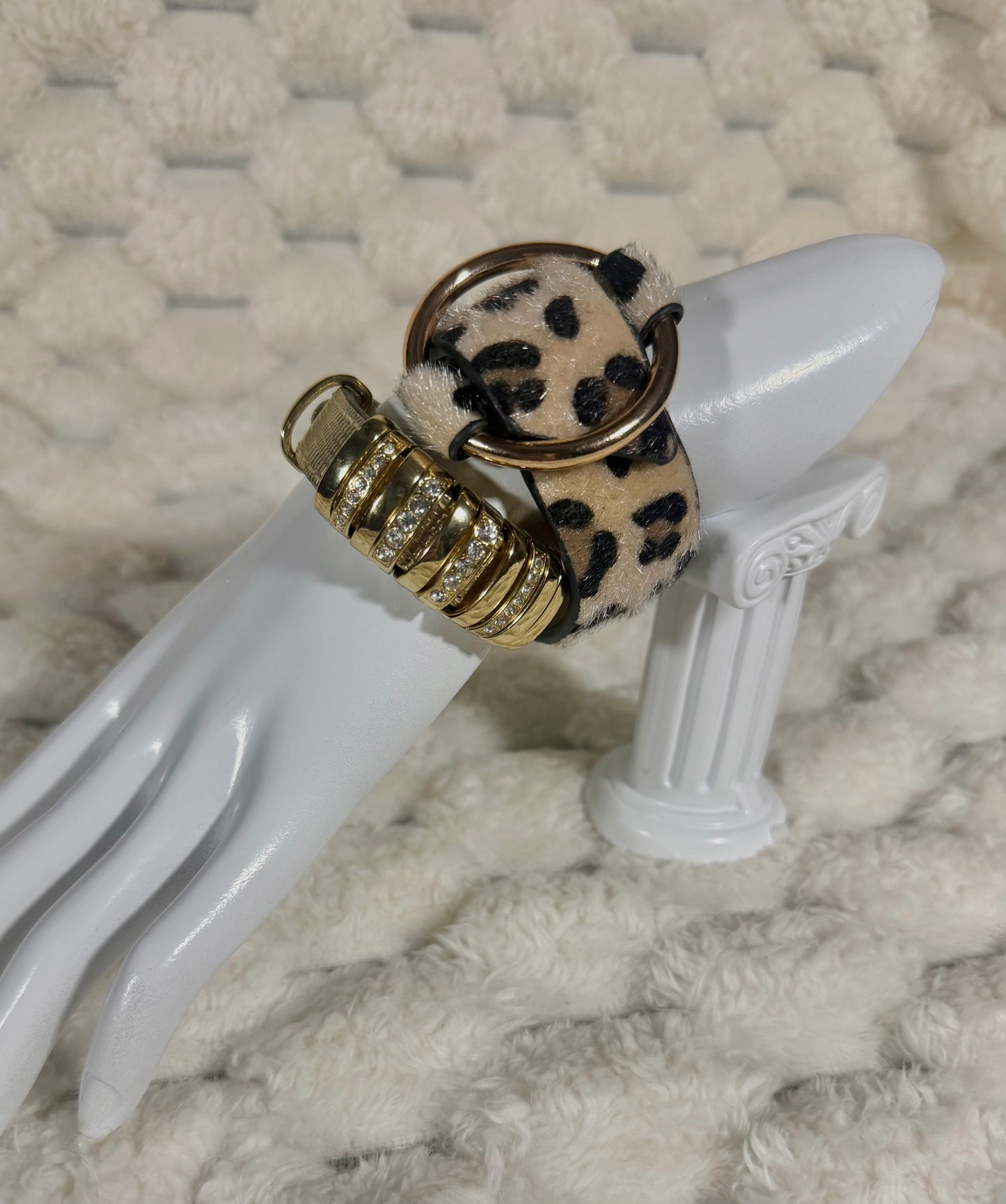 Mob Wife Bracelet Pair - Leopard and Gold w/Slider Charms & Rhinestones