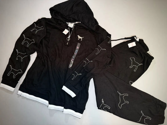 New with tags Victoria’s Secret PINK matching black hoodie and sweatpants set with rhinestone dog embellishments. 