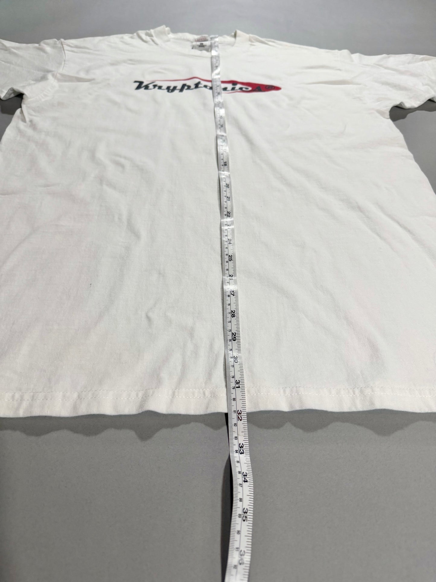 Vintage Kryptonics white graphic T-shirt with overall length measurement displayed.