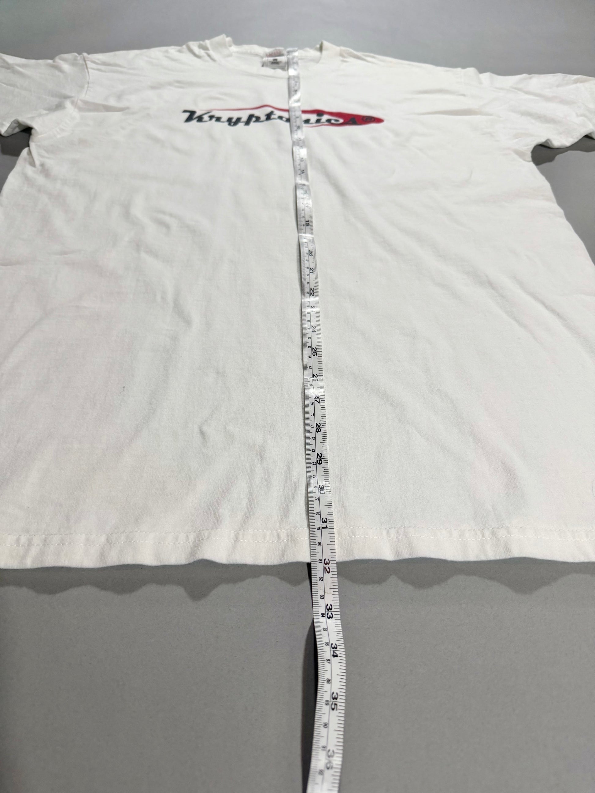 Vintage Kryptonics white graphic T-shirt with overall length measurement displayed.