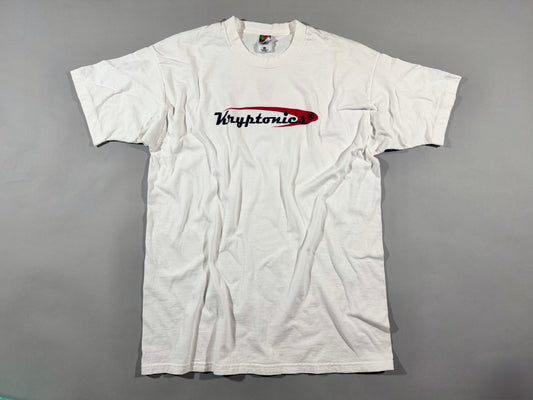 Vintage Kryptonics white logo T-shirt front view featuring red and black skateboard brand graphic.