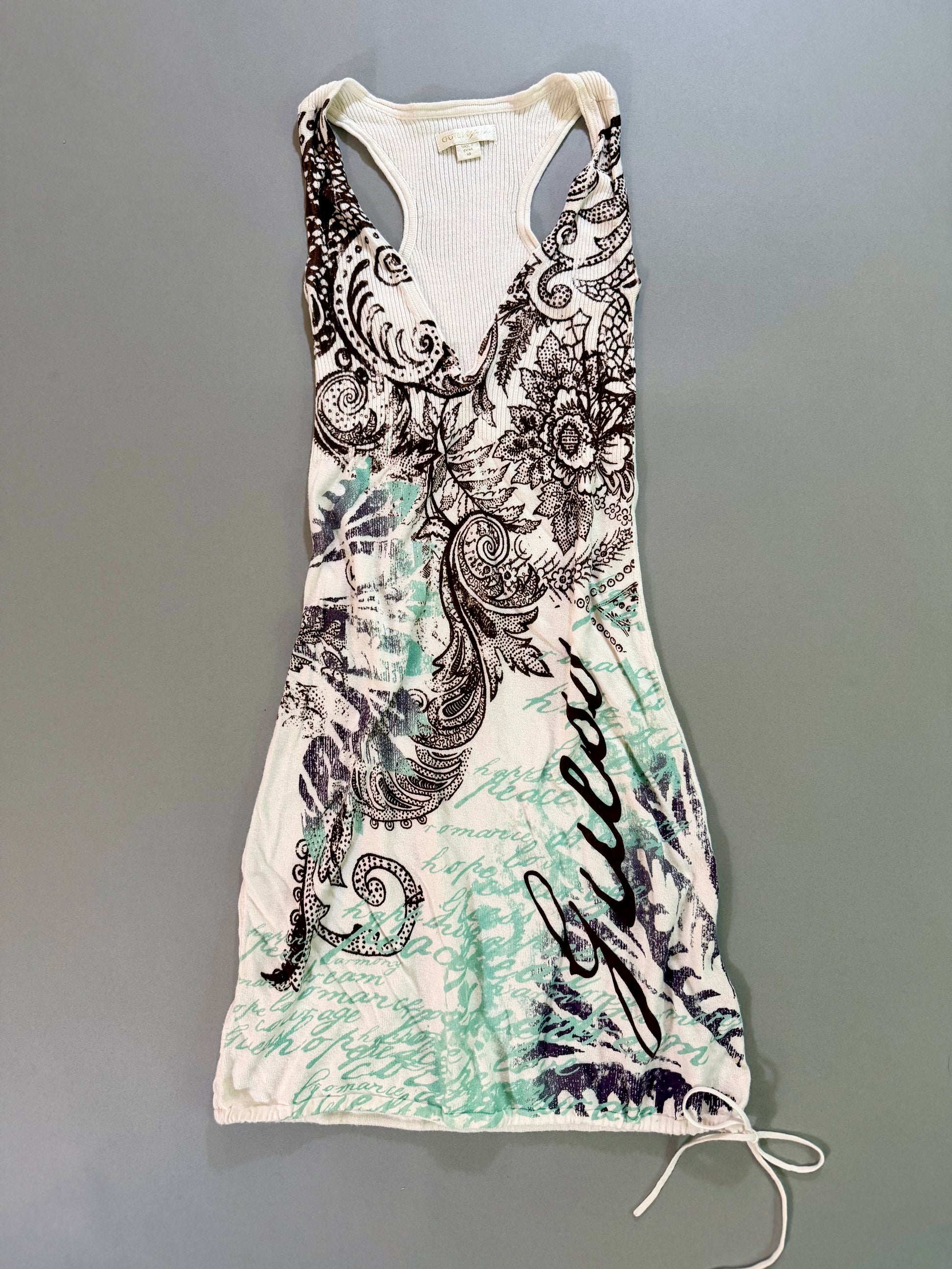 Front view of an estimated 2008 Guess Jeans ribbed racerback tunic dress with paisley floral graphic and oversized Guess logo.