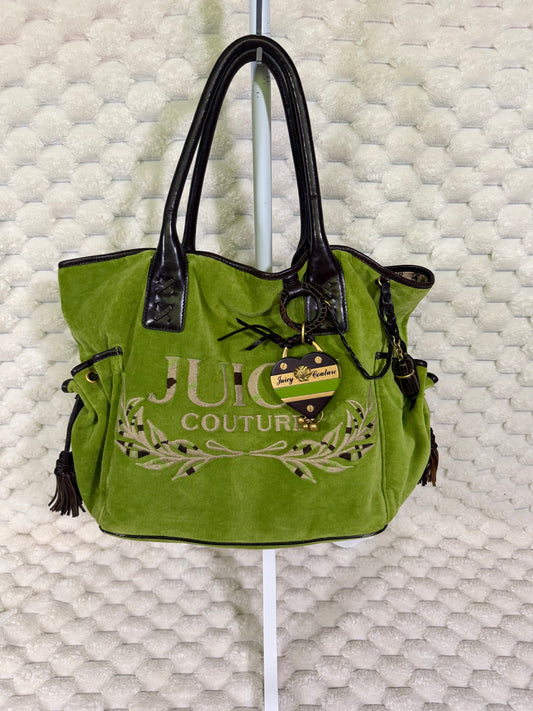 Vintage Juicy Couture Splendor tote in green velour with brown trim, embroidered logo, tassels and heart charm.