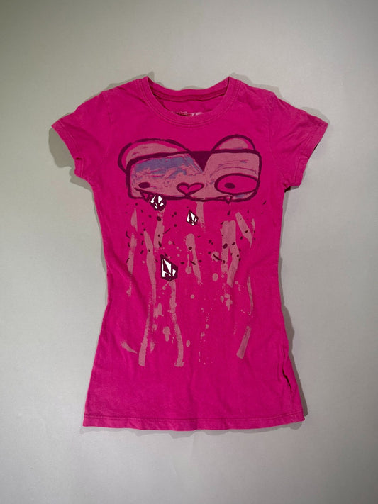 Juniors’ bright fuschia vintage Volcom tee with cuddly creature graphic. 