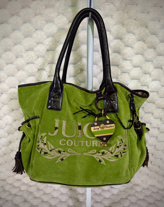 Vintage Juicy Couture Splendor tote in green velour with brown trim, embroidered logo, tassels and heart charm.