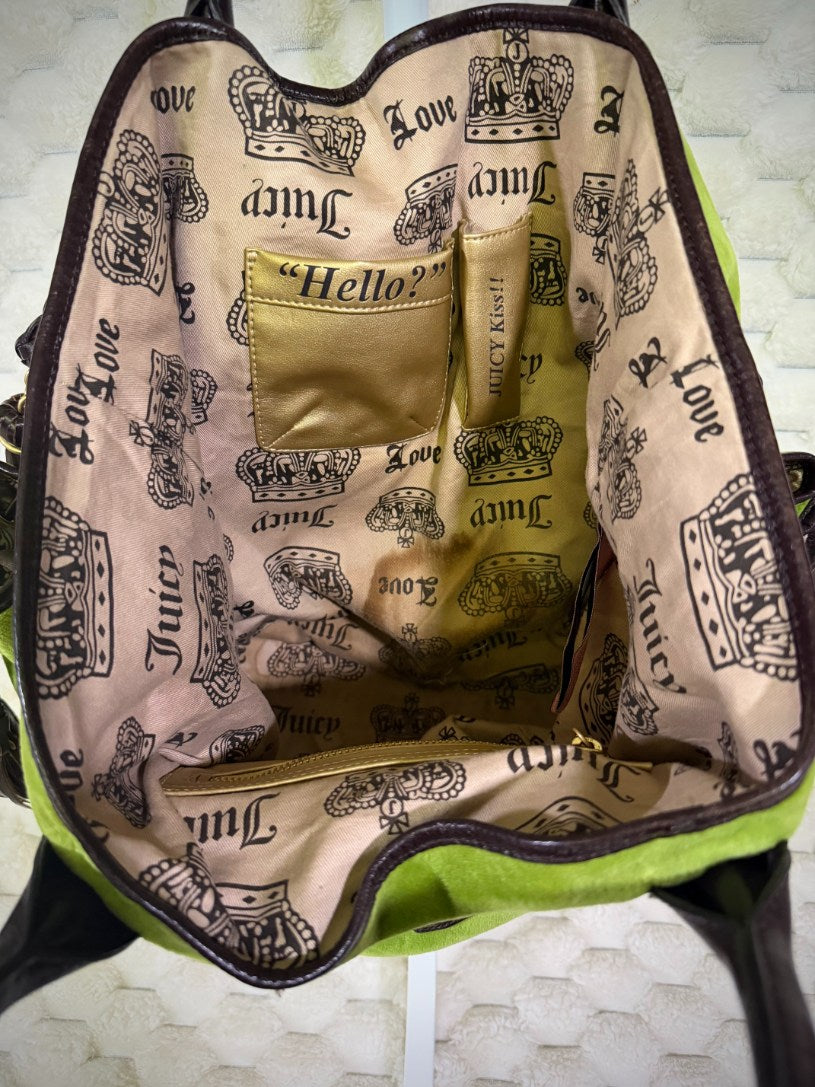 Vintage Juicy Couture tote interior with crown and Juicy print lining, gold Hello? phone pocket and Juicy Kiss! lipstick holder.
