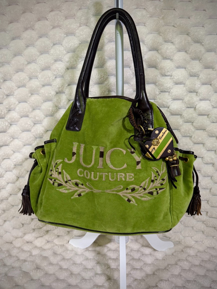 Vintage Juicy Couture green velour Splendor shoulder tote with embroidered logo, brown handles and original heart charm.