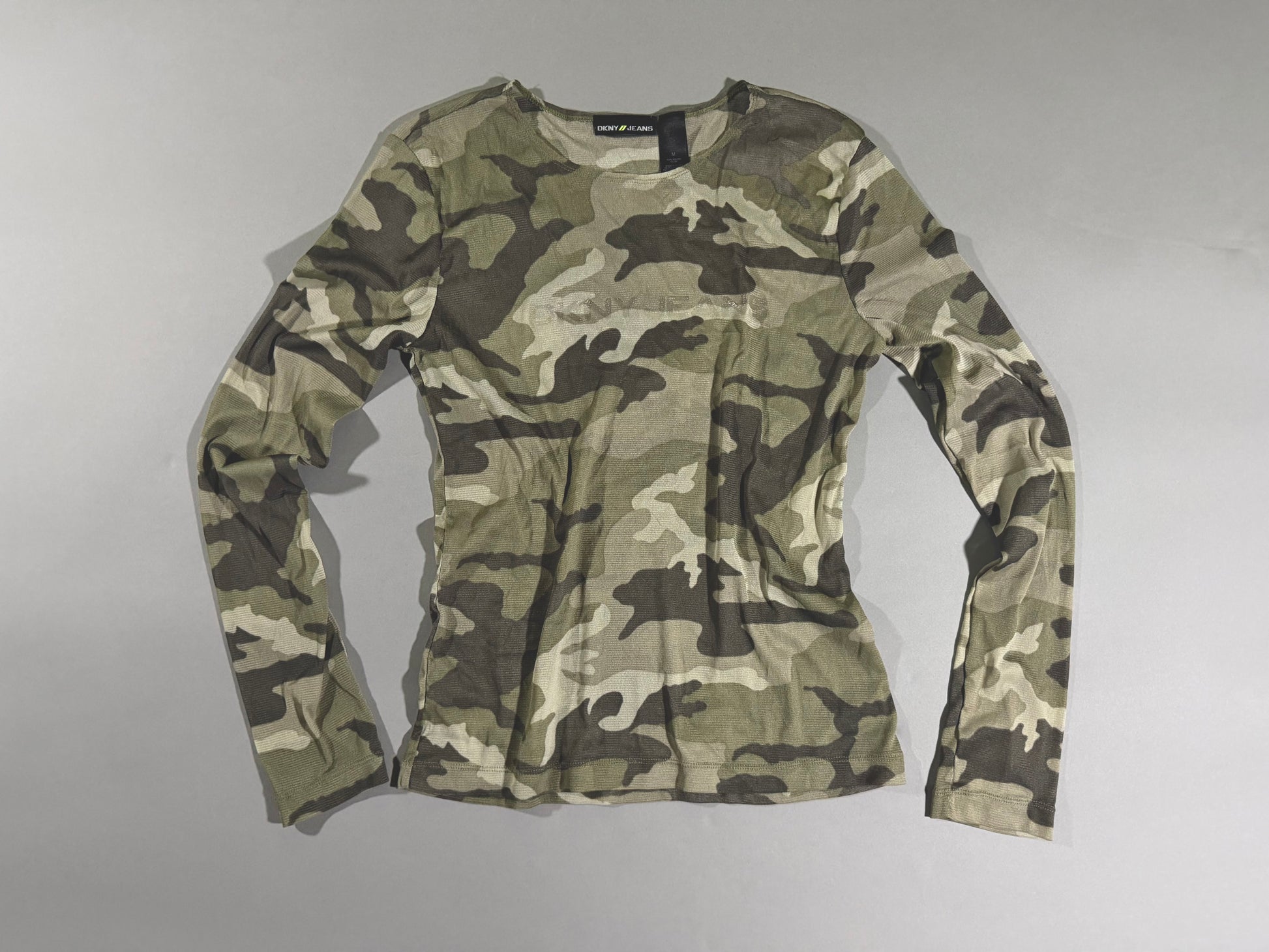 Y2k era mesh camo printed DKNY shirt with long sleeves 