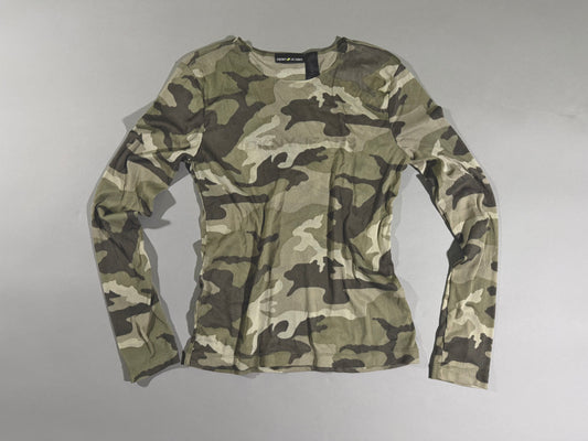 Y2k era mesh camo printed DKNY shirt with long sleeves 