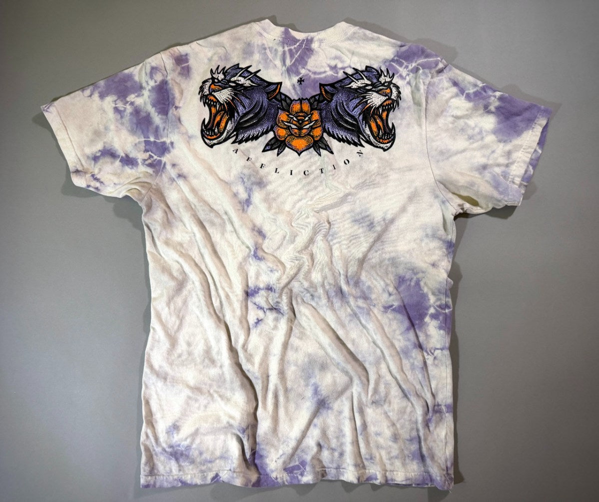 Back of Affliction Black Label purple tie-dye T-shirt with rhinestone twin tiger heads and orange rose graphic across the shoulders.