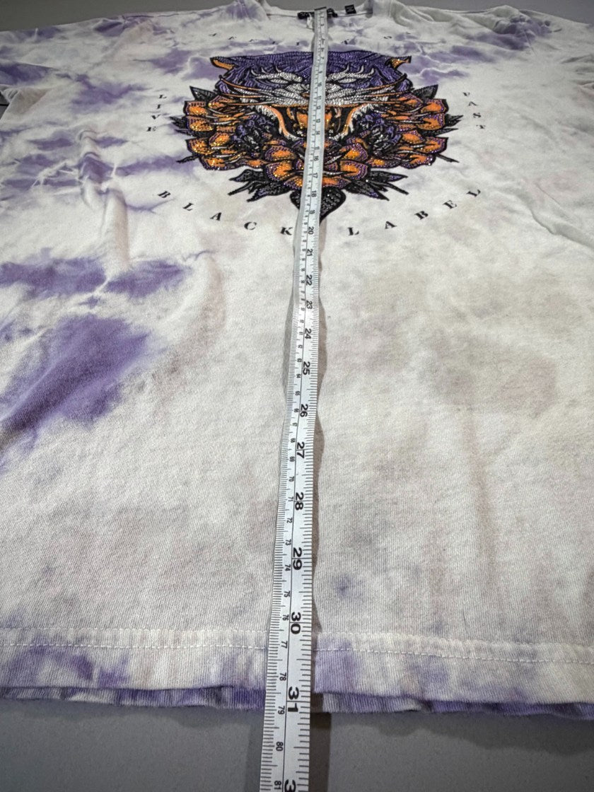 Affliction Black Label XL T-shirt shown with measuring tape from collar to hem.