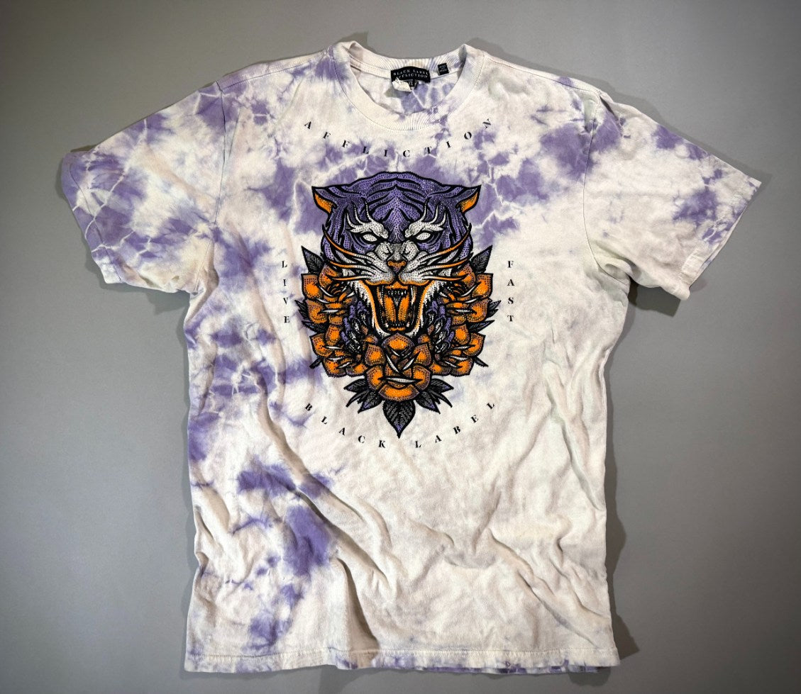 Affliction Black Label men’s XL T-shirt with purple tie-dye wash and rhinestone tiger-and-roses graphic in orange, purple, black and silver.