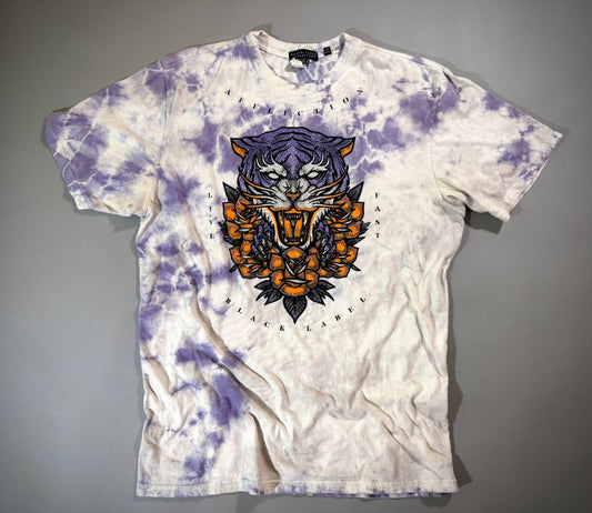 Affliction Black Label men’s XL T-shirt with purple tie-dye wash and rhinestone tiger-and-roses graphic in orange, purple, black and silver.