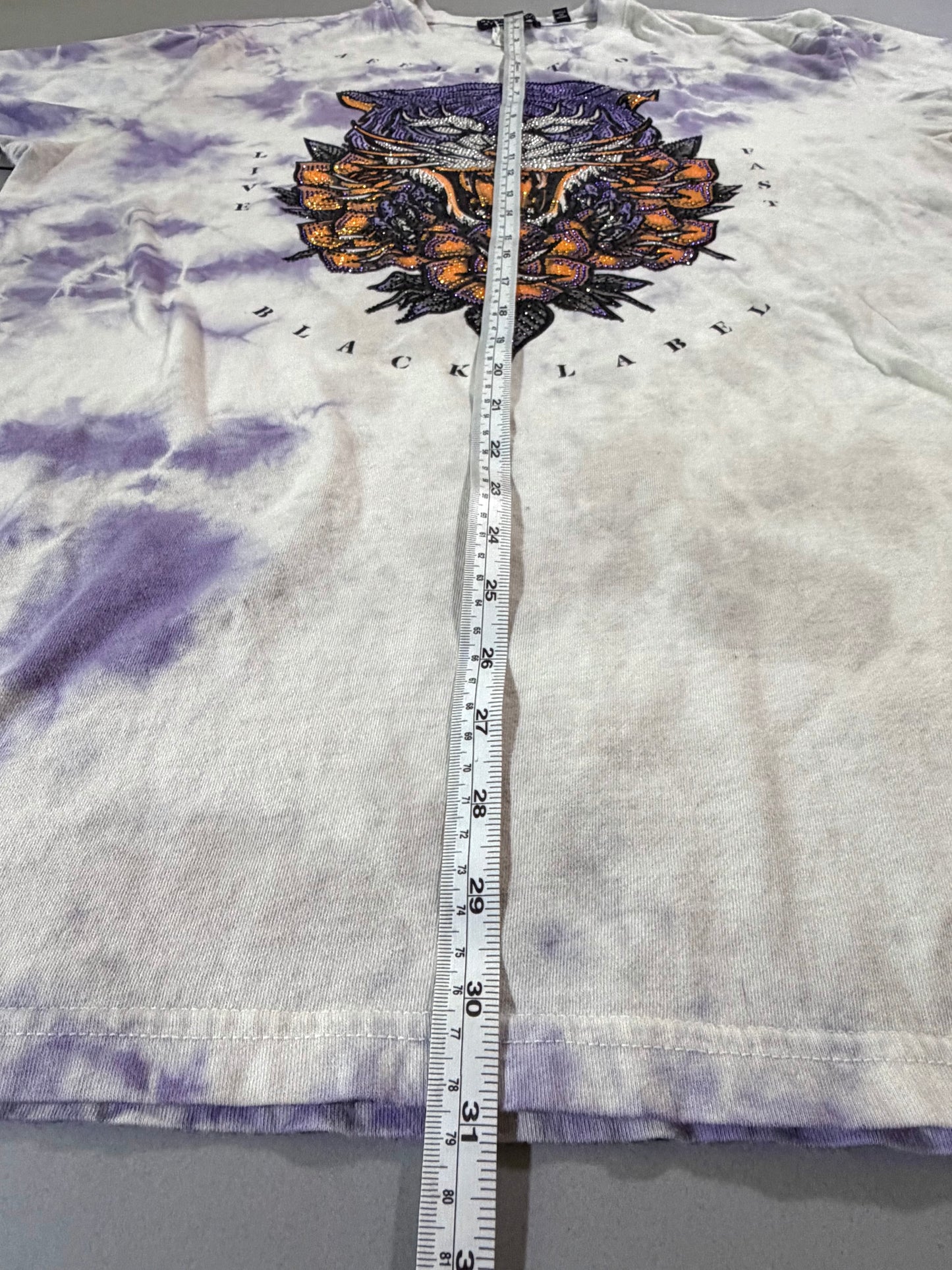 Affliction Black Label XL T-shirt shown with measuring tape from collar to hem.