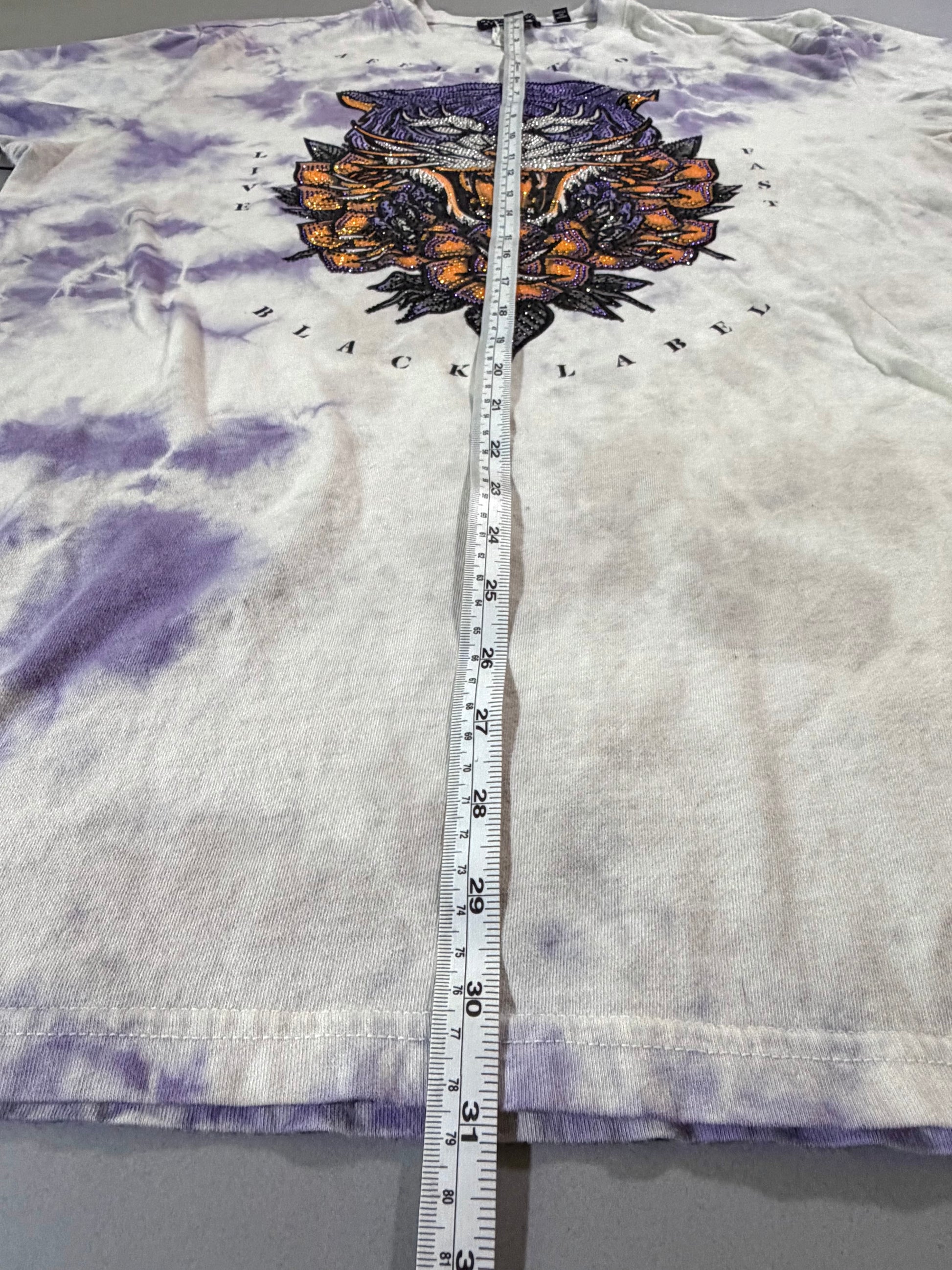 Affliction Black Label XL T-shirt shown with measuring tape from collar to hem.