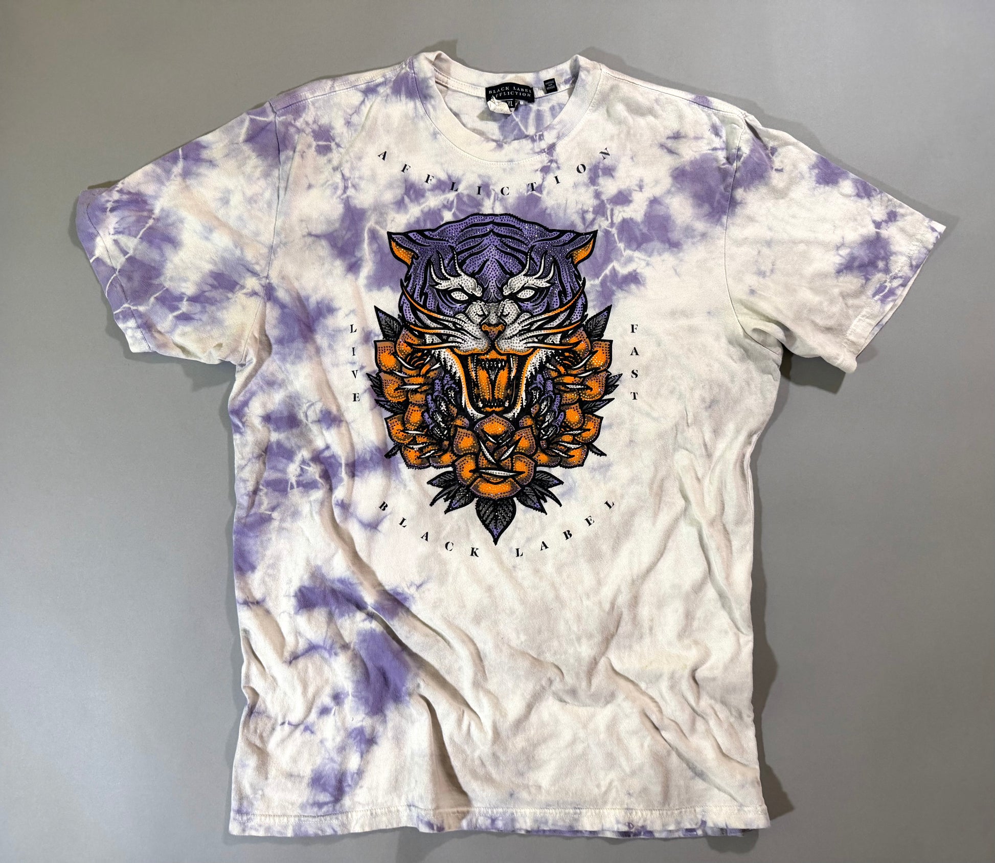 Affliction Black Label men’s XL T-shirt with purple tie-dye wash and rhinestone tiger-and-roses graphic in orange, purple, black and silver.