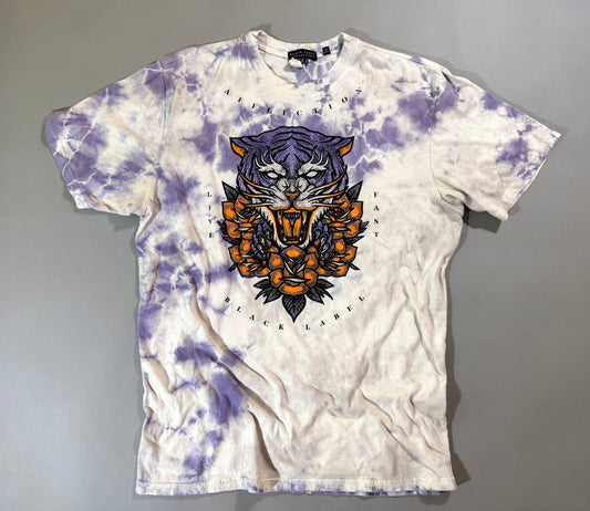 Affliction Black Label men’s XL T-shirt with purple tie-dye wash and rhinestone tiger-and-roses graphic in orange, purple, black and silver.