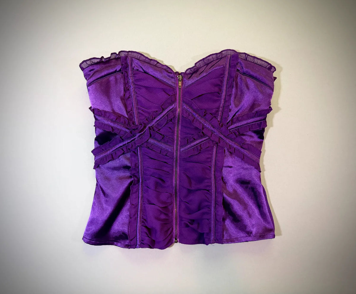 Front of purple silk and chiffon bebe corset top with metal zipper down middle 