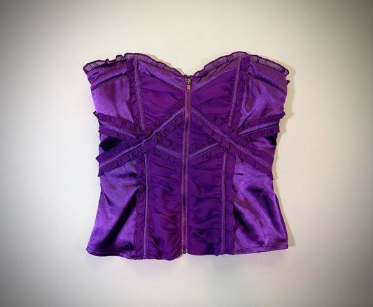 Front of purple silk and chiffon bebe corset top with metal zipper down middle 