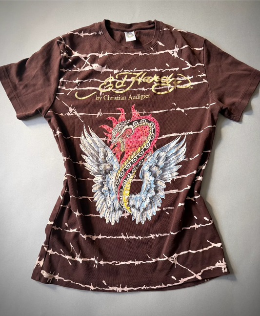 Photo of vintage Ed hardy tee in brown with alll over barbed wire print and rhinestone studded snake graphic. 