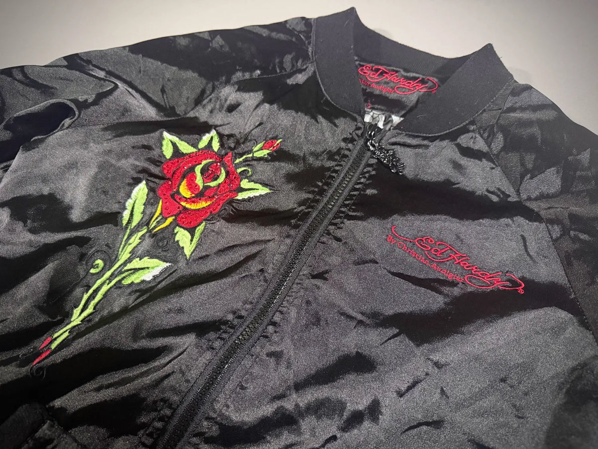 VTG Ed Hardy Satin Bomber Jacket - ‘07 Bedazzled Zip-Up (Women’s L)
