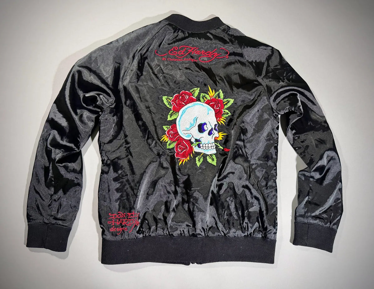VTG Ed Hardy Satin Bomber Jacket - ‘07 Bedazzled Zip-Up (Women’s L)