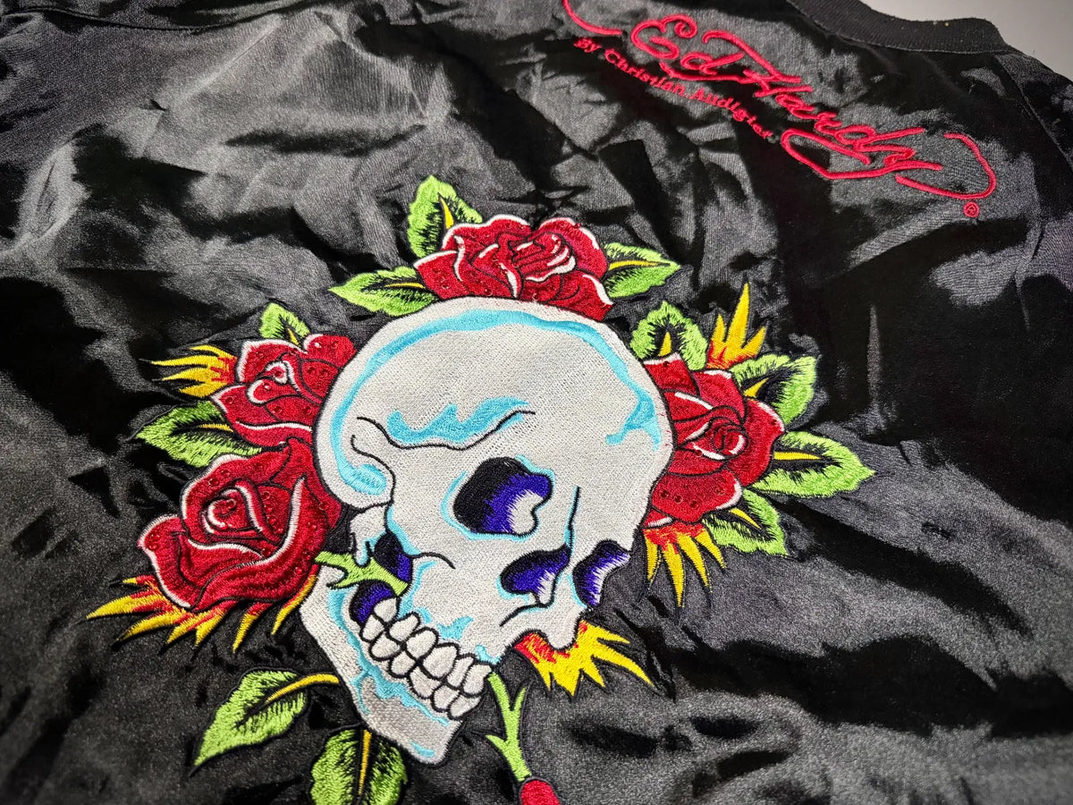 VTG Ed Hardy Satin Bomber Jacket - ‘07 Bedazzled Zip-Up (Women’s L)