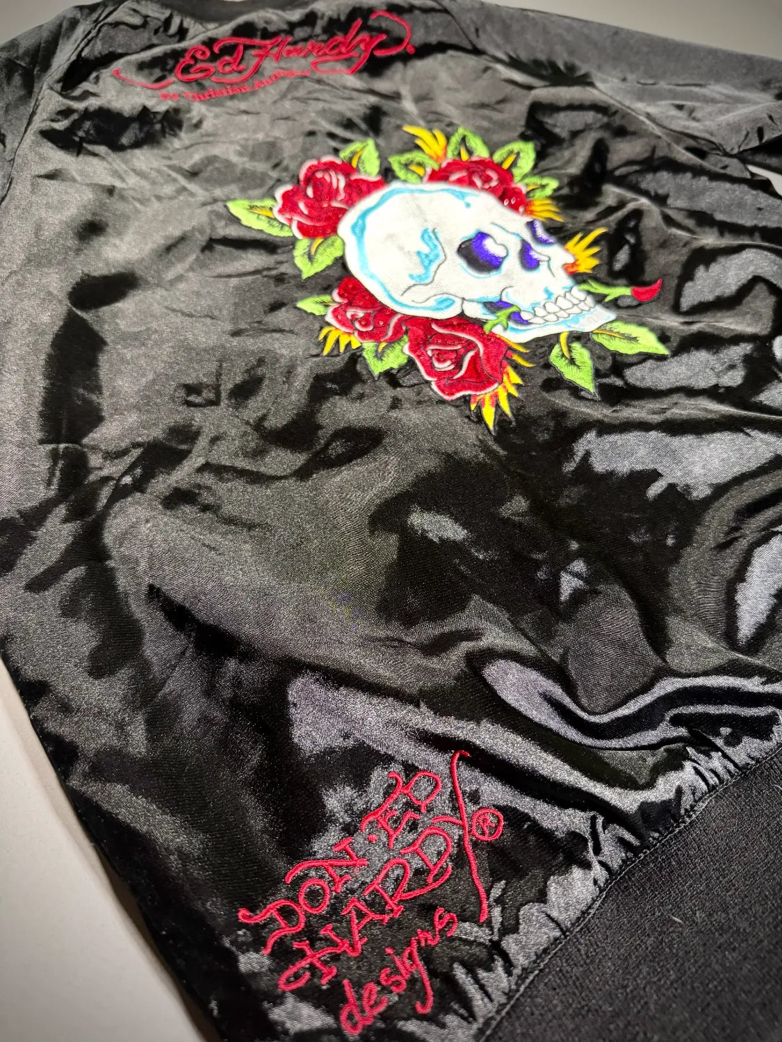 VTG Ed Hardy Satin Bomber Jacket - ‘07 Bedazzled Zip-Up (Women’s L)