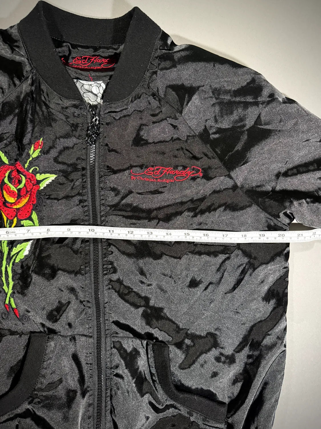 VTG Ed Hardy Satin Bomber Jacket - ‘07 Bedazzled Zip-Up (Women’s L)
