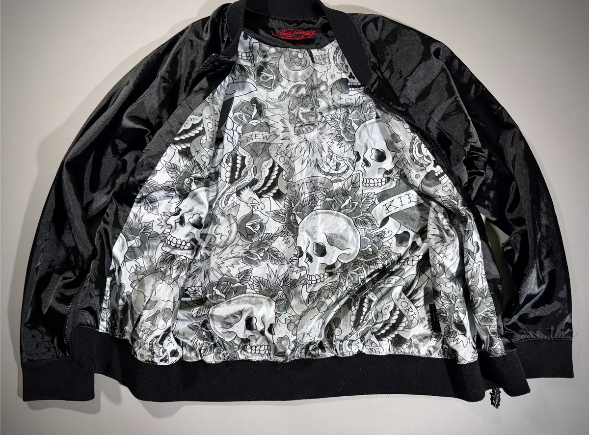 VTG Ed Hardy Satin Bomber Jacket - ‘07 Bedazzled Zip-Up (Women’s L)