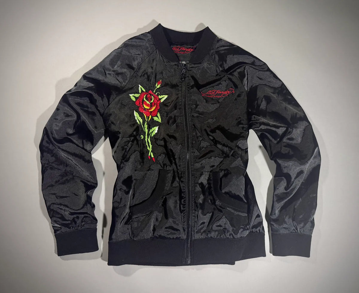 VTG Ed Hardy Satin Bomber Jacket - ‘07 Bedazzled Zip-Up (Women’s L)