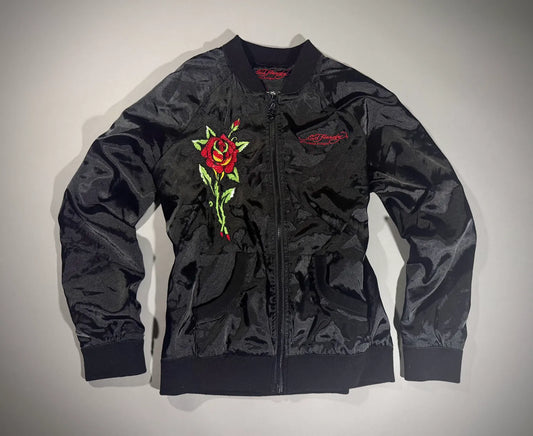 VTG Ed Hardy Satin Bomber Jacket - ‘07 Bedazzled Zip-Up (Women’s L)