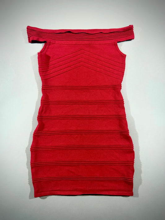 Forever 21 red off-the-shoulder ribbed bodycon tectured dress shown laid flat from the front.