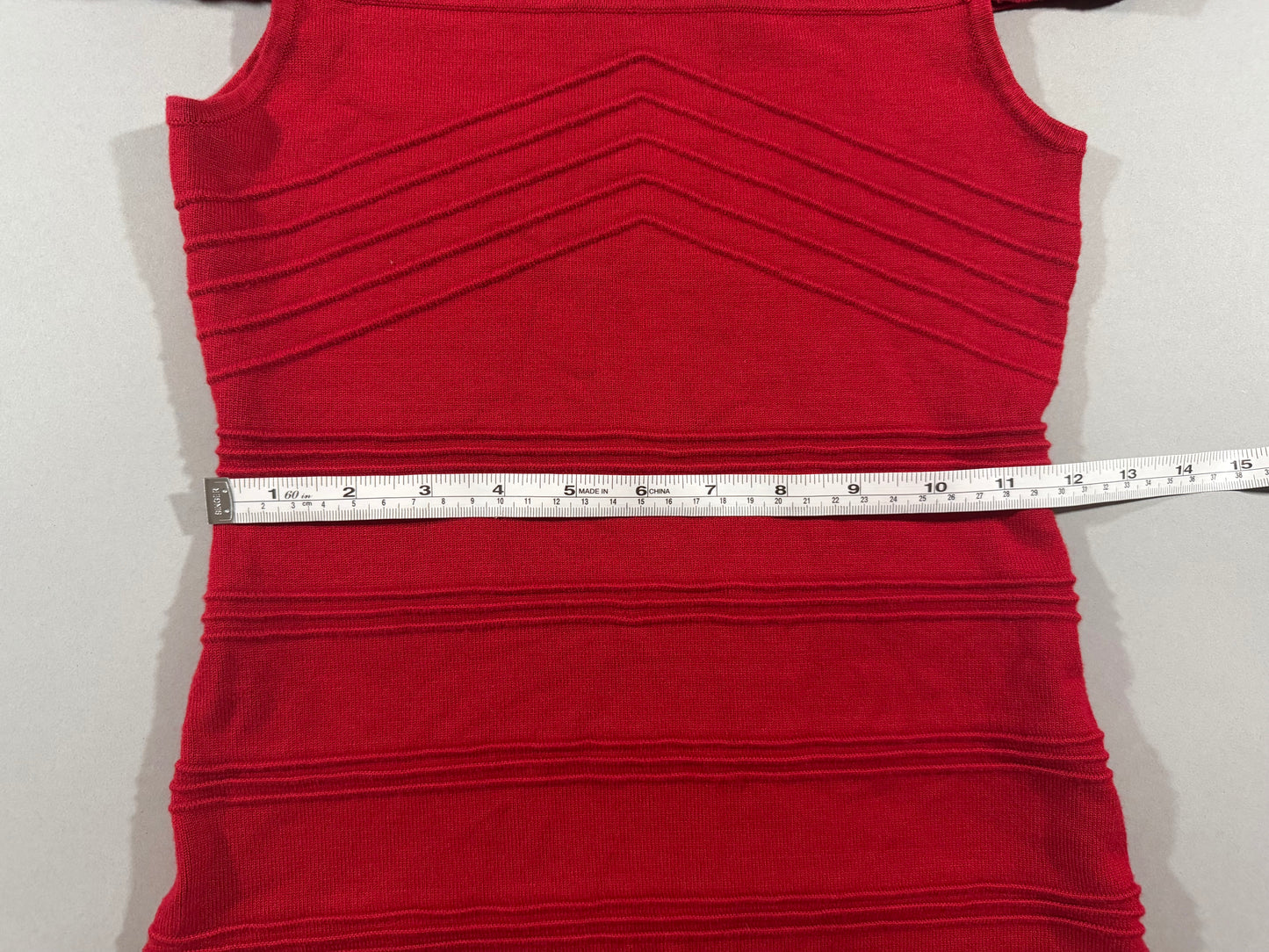 Waist measurement displayed across the ribbed knit Forever 21 bodycon sweater dress.