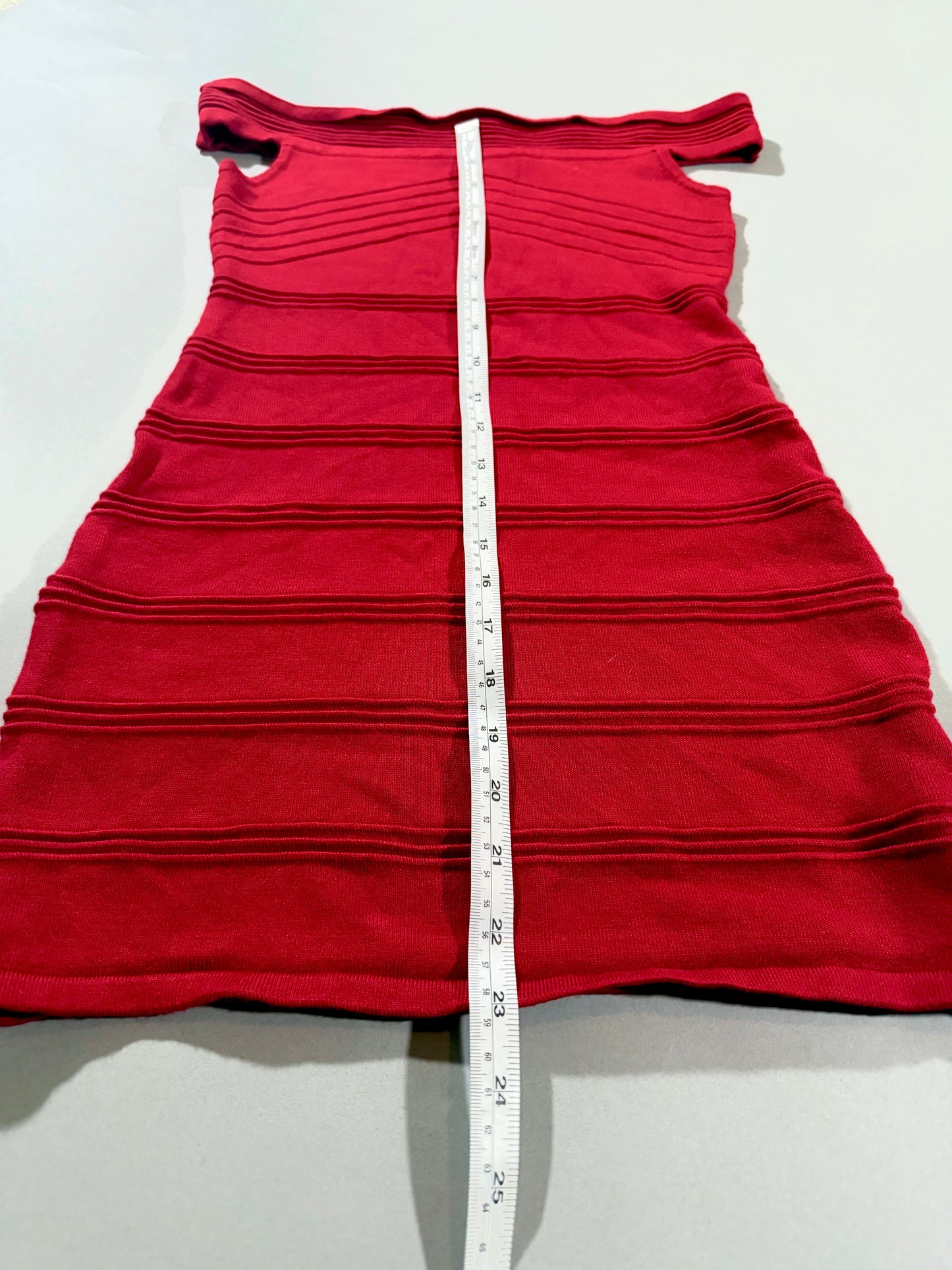 Length measurement of the Forever 21 red off-the-shoulder dress shown from neckline to hem.