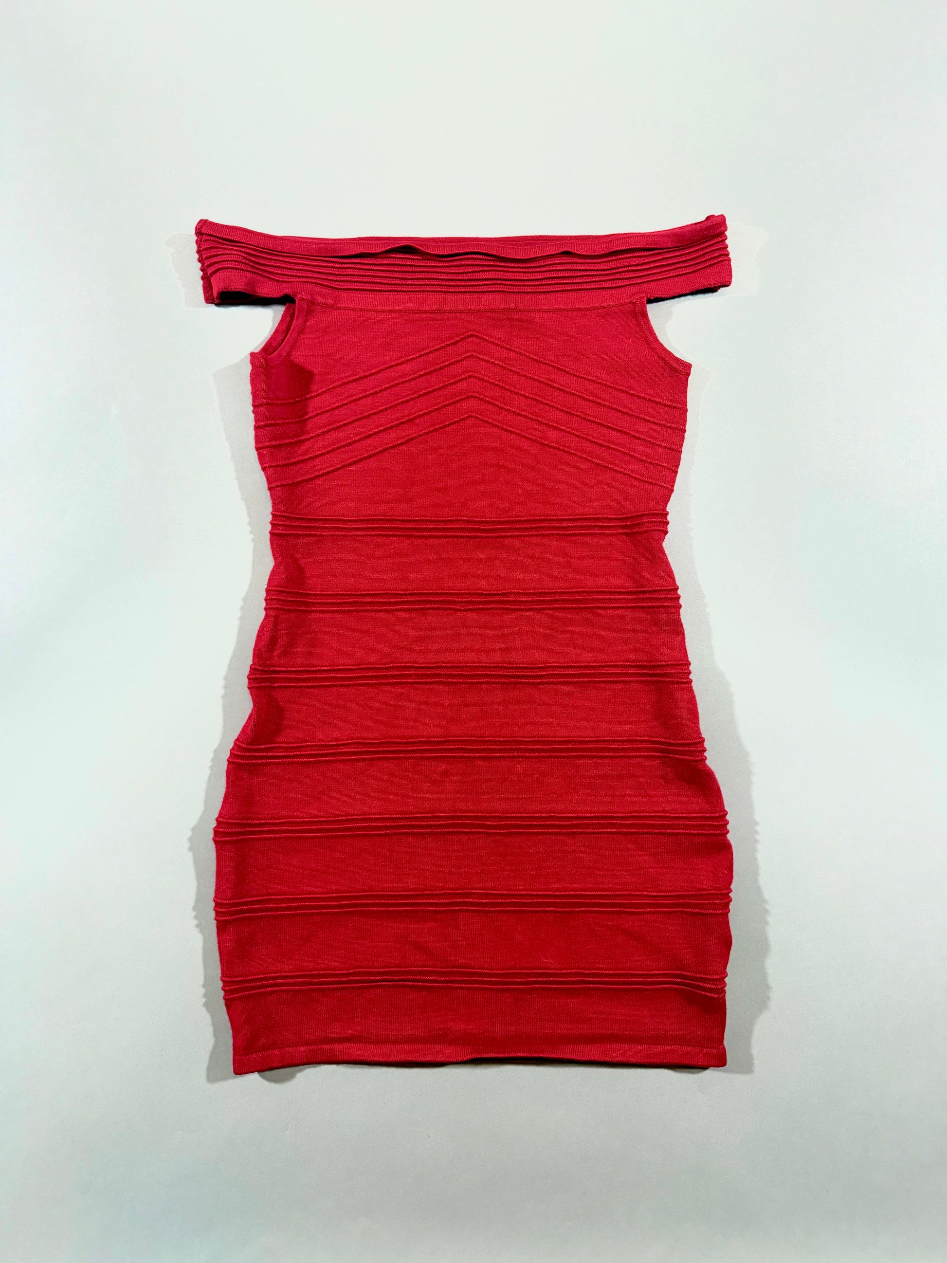 Forever 21 red off-the-shoulder ribbed bodycon tectured dress shown laid flat from the front.