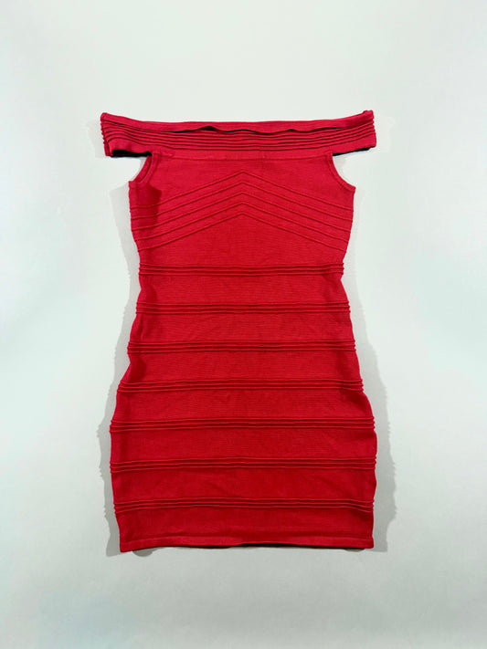 Forever 21 red off-the-shoulder ribbed bodycon tectured dress shown laid flat from the front.
