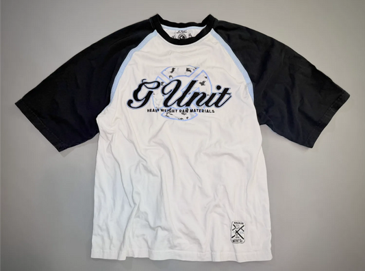 Vintage G-Unit white raglan T-shirt with black sleeves and embroidered Heavy Weight Raw Materials logo.