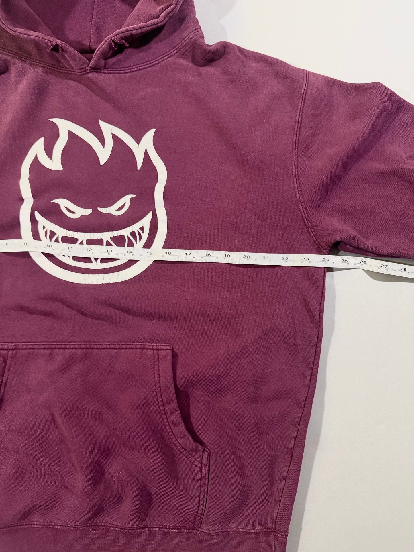 Chest measurement shown on Spitfire Bighead skate hoodie.