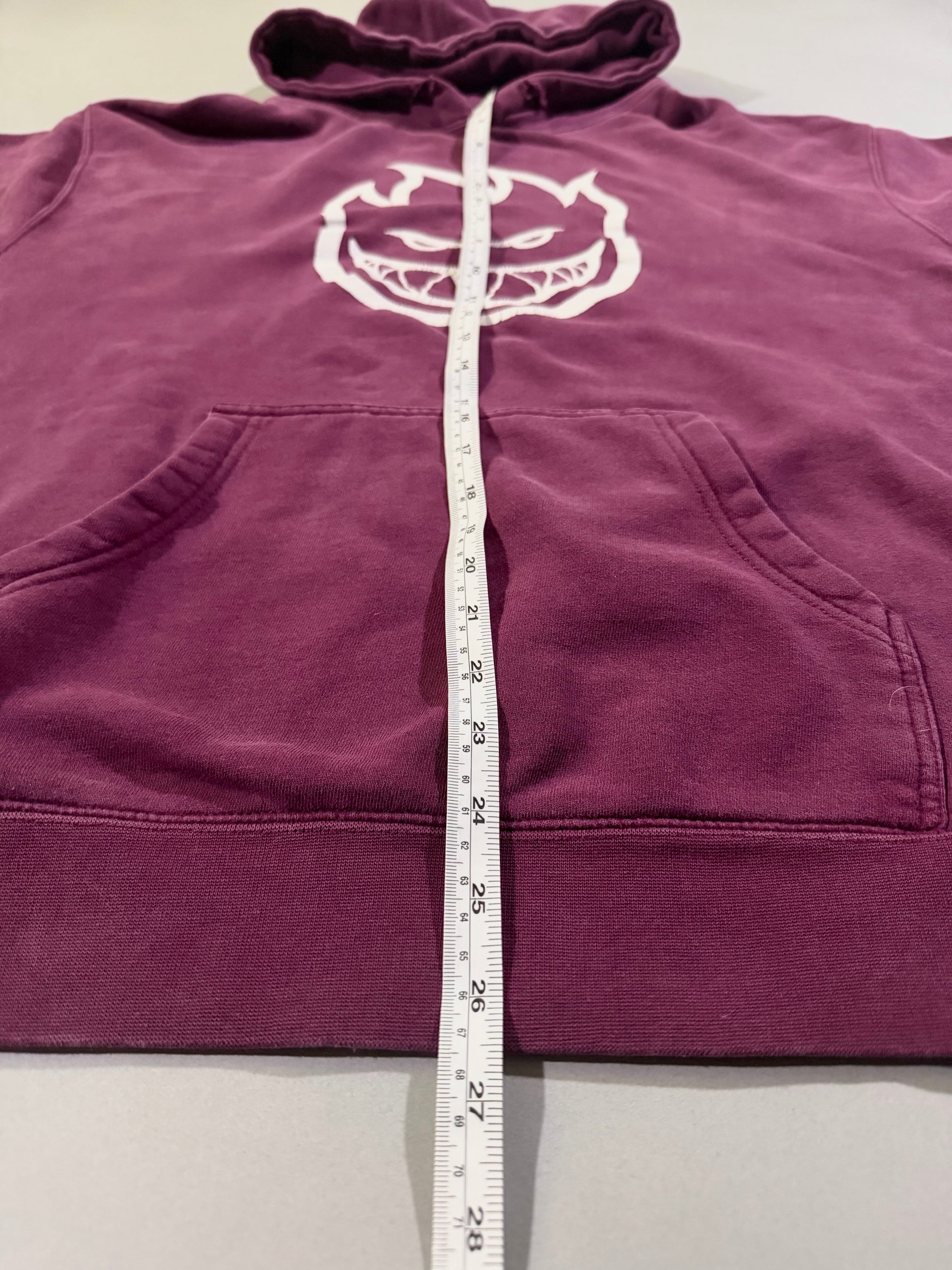 Length measurement shown on plum Spitfire pullover hoodie.